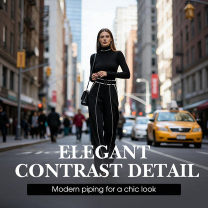 2-delat set med höghalsad topp och vida byxor för damer