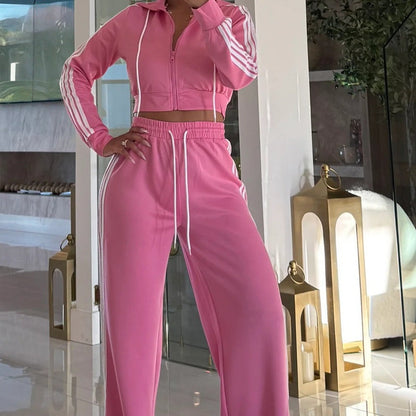 Striped Zip-Up Tracksuit & Wide-Leg Pants 2-Piece Set – Den perfekta avslappnade men stiliga looken! 👗✨
