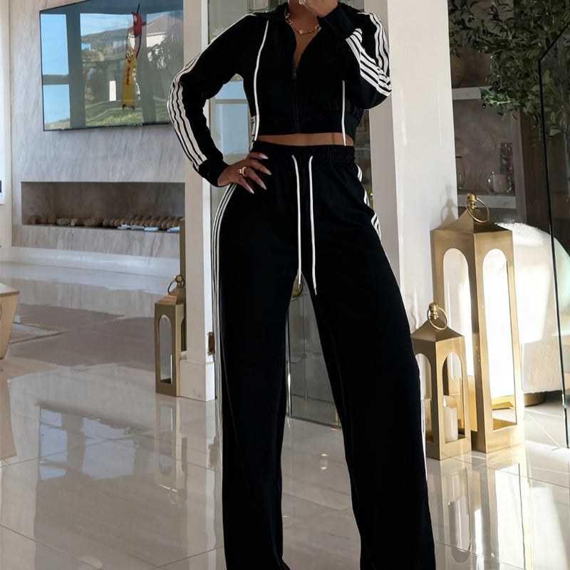 Striped Zip-Up Tracksuit & Wide-Leg Pants 2-Piece Set – Den perfekta avslappnade men stiliga looken! 👗✨
