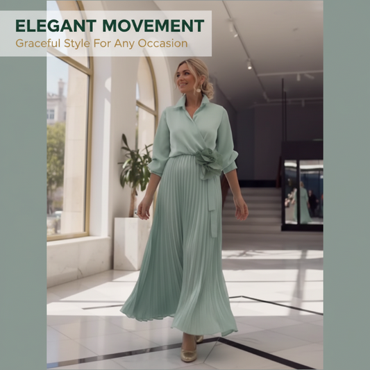 Elegant plisserad maxiklänning med blommig detalj i midjan