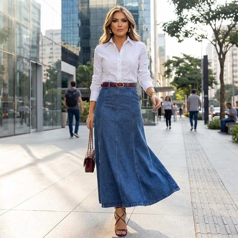 🌟 A-linjeformad maxikjol i denim – ger en längre och smalare silhuett 💃
