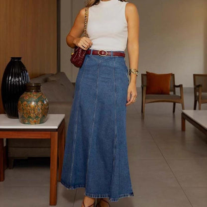 🌟 A-linjeformad maxikjol i denim – ger en längre och smalare silhuett 💃