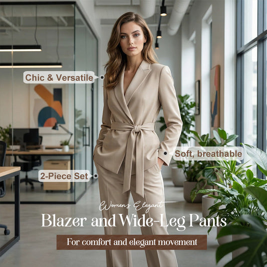 Women's Elegant Tie-Waist Blazer and Wide-Leg Pants Suit Set