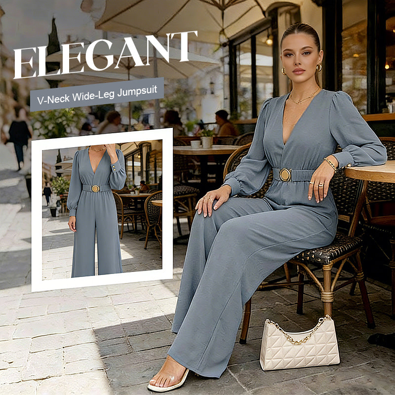 Elegant jumpsuit med V-ringning, vida ben och bälte