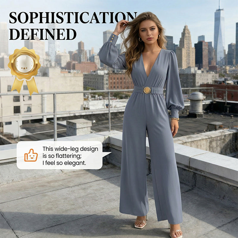 Elegant jumpsuit med V-ringning, vida ben och bälte
