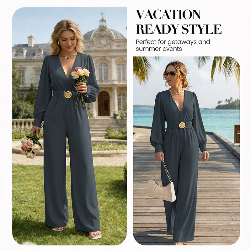 Elegant jumpsuit med V-ringning, vida ben och bälte
