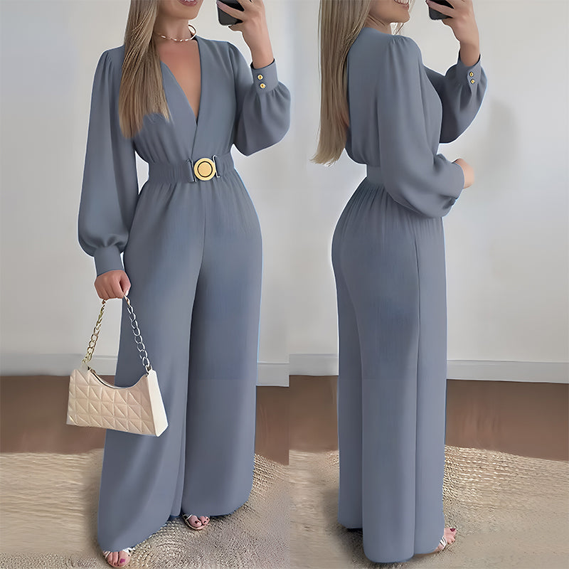 Elegant jumpsuit med V-ringning, vida ben och bälte