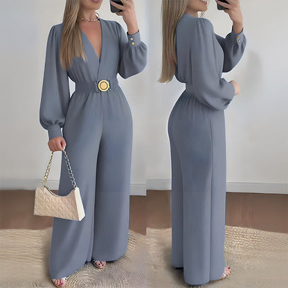 Elegant jumpsuit med V-ringning, vida ben och bälte