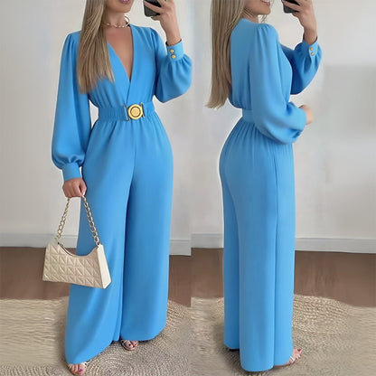 Elegant jumpsuit med V-ringning, vida ben och bälte