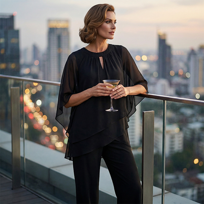 🔥Elegant tvådelat set: blus med asymmetrisk fåll och vida byxor