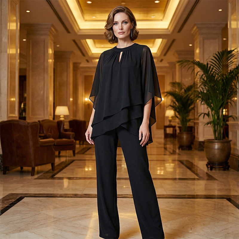 🔥Elegant tvådelat set: blus med asymmetrisk fåll och vida byxor
