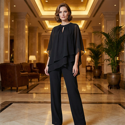 🔥Elegant tvådelat set: blus med asymmetrisk fåll och vida byxor