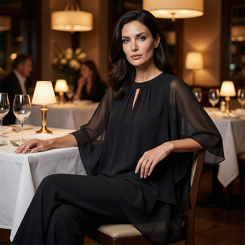 🔥Elegant tvådelat set: blus med asymmetrisk fåll och vida byxor