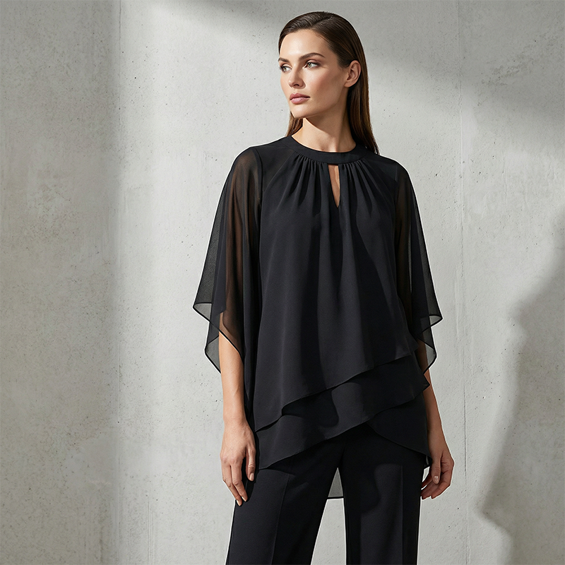 🔥Elegant tvådelat set: blus med asymmetrisk fåll och vida byxor