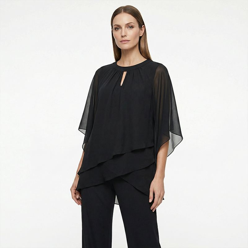🔥Elegant tvådelat set: blus med asymmetrisk fåll och vida byxor