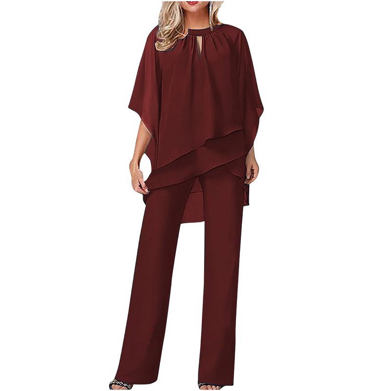 🔥Elegant tvådelat set: blus med asymmetrisk fåll och vida byxor