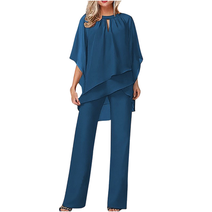 🔥Elegant tvådelat set: blus med asymmetrisk fåll och vida byxor