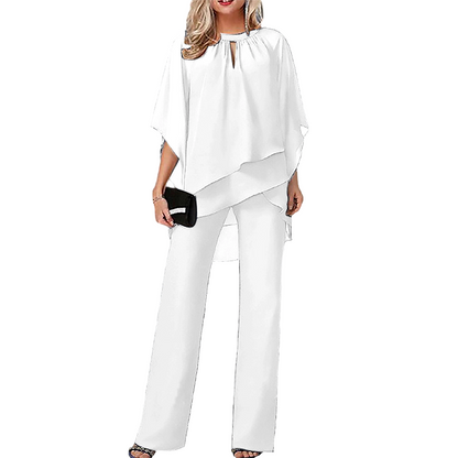 🔥Elegant tvådelat set: blus med asymmetrisk fåll och vida byxor
