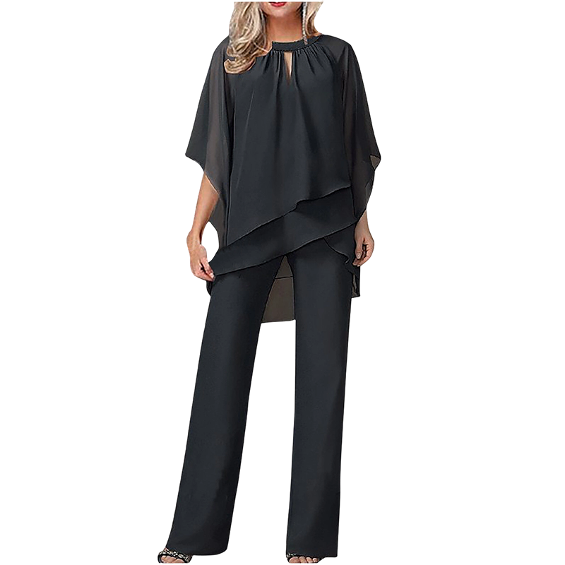 🔥Elegant tvådelat set: blus med asymmetrisk fåll och vida byxor