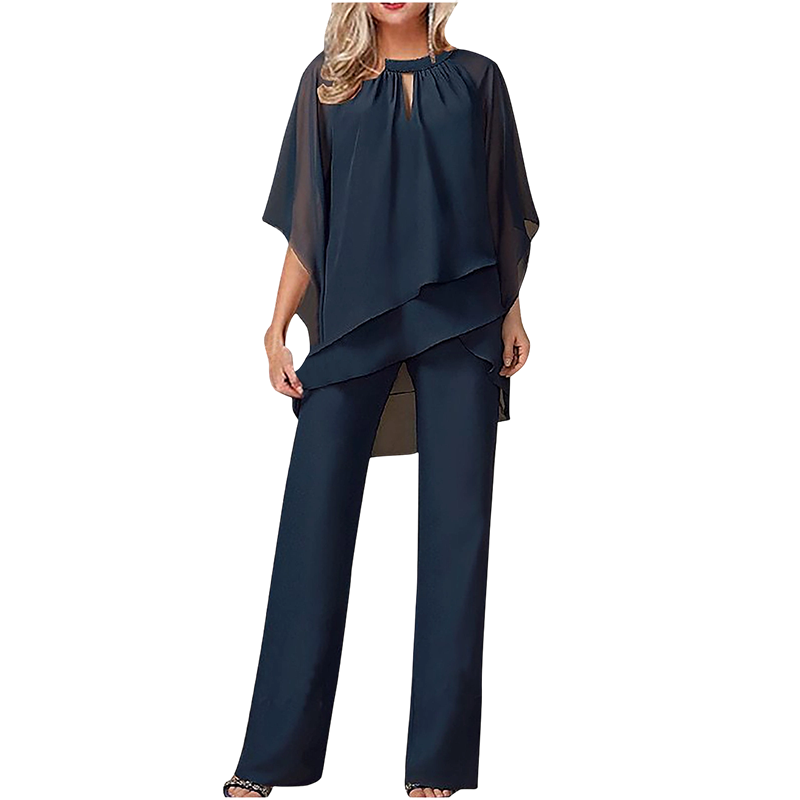 🔥Elegant tvådelat set: blus med asymmetrisk fåll och vida byxor