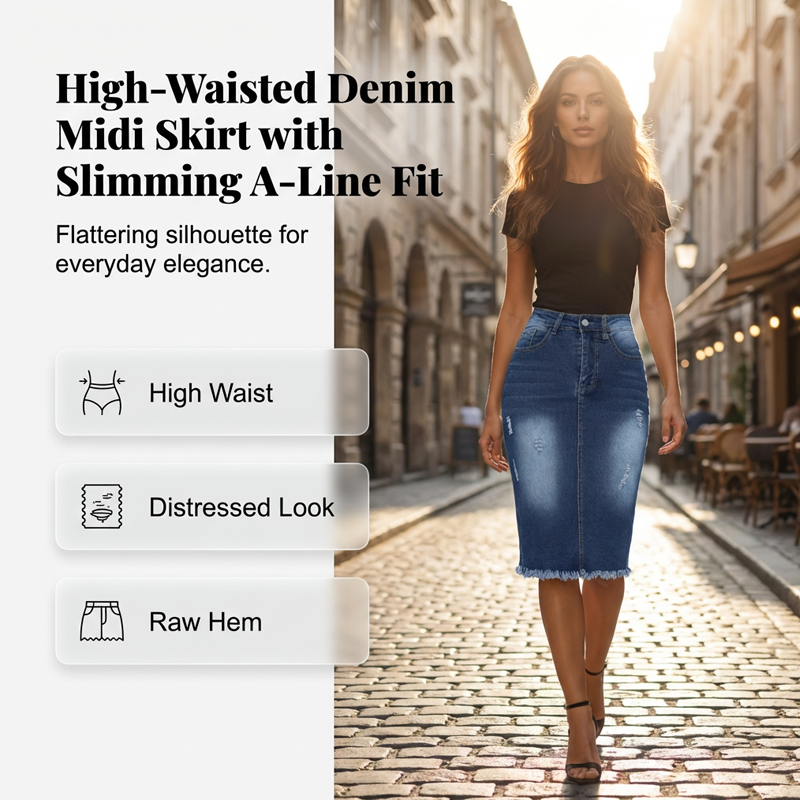 Dammkjol i denim med hög midja och slitna kanter