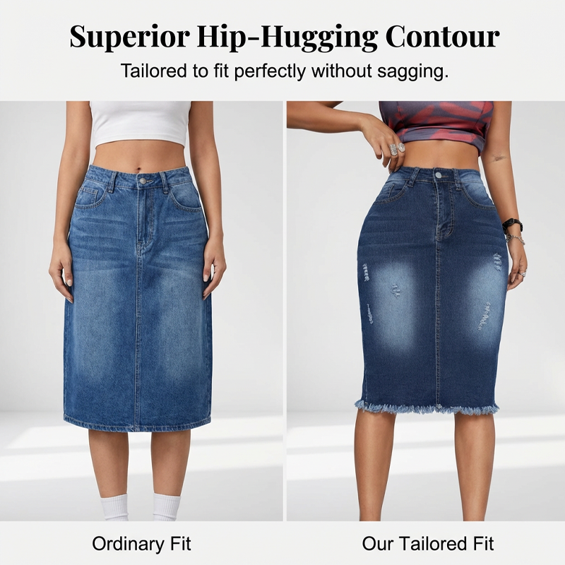 Dammkjol i denim med hög midja och slitna kanter
