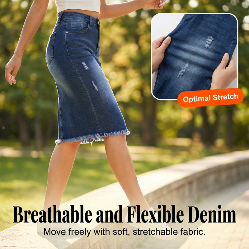 Dammkjol i denim med hög midja och slitna kanter
