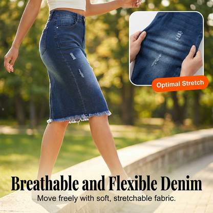 Dammkjol i denim med hög midja och slitna kanter