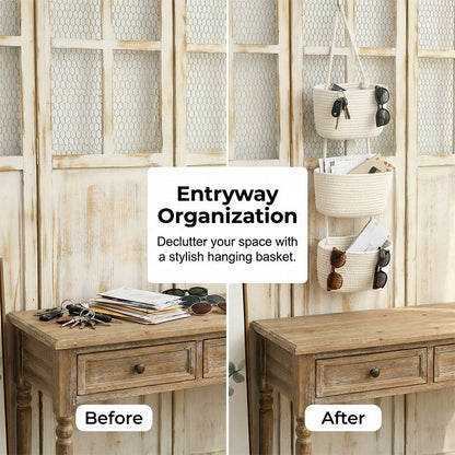 🧺 50% RABATT NU! 🌿 3-Nivå Vägg-Hängande Förvaring – Boho Rep & Utrymmesbesparare – Organisera med Stil 🏡