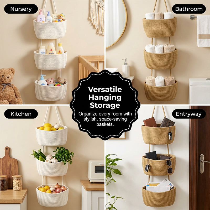 🧺 50% RABATT NU! 🌿 3-Nivå Vägg-Hängande Förvaring – Boho Rep & Utrymmesbesparare – Organisera med Stil 🏡
