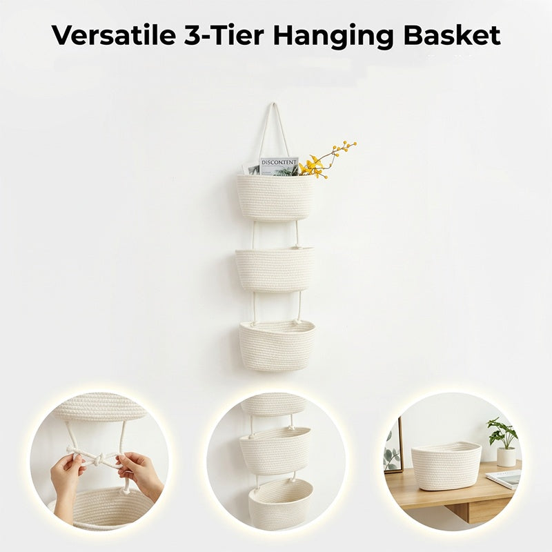 🧺 50% RABATT NU! 🌿 3-Nivå Vägg-Hängande Förvaring – Boho Rep & Utrymmesbesparare – Organisera med Stil 🏡