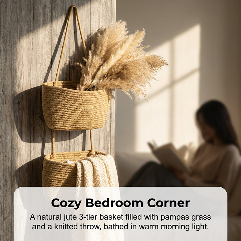 🧺 50% RABATT NU! 🌿 3-Nivå Vägg-Hängande Förvaring – Boho Rep & Utrymmesbesparare – Organisera med Stil 🏡
