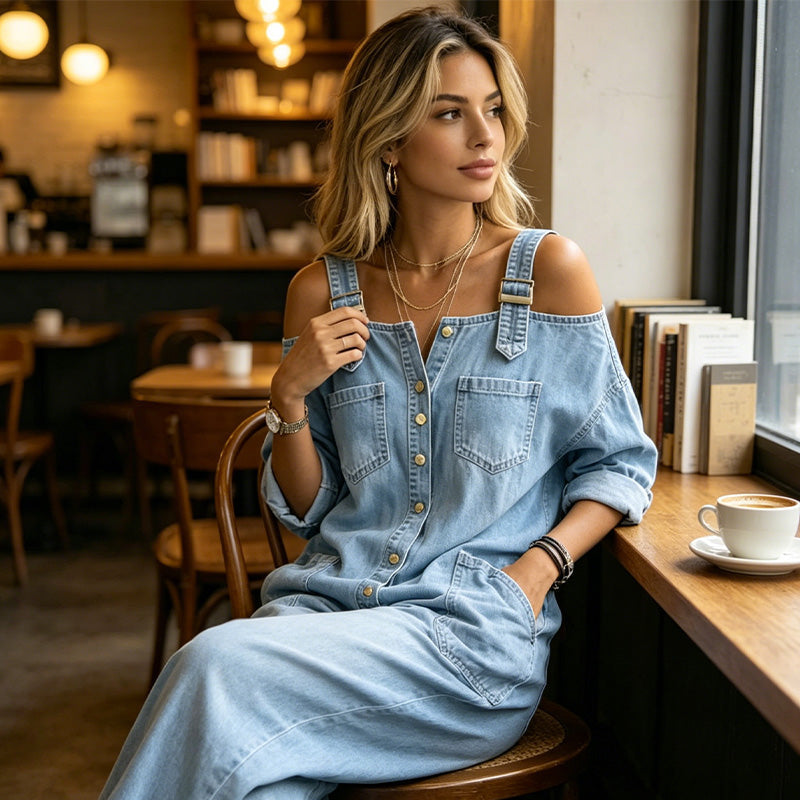 🔥✨ Cold-shoulder jumpsuit med vida ben & fickor – luftig komfort och stilren elegans för sommaren ☀️