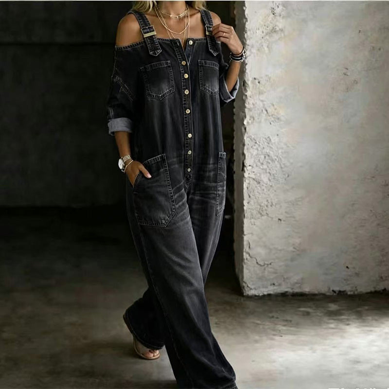 🔥✨ Cold-shoulder jumpsuit med vida ben & fickor – luftig komfort och stilren elegans för sommaren ☀️