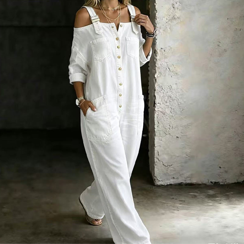 🔥✨ Cold-shoulder jumpsuit med vida ben & fickor – luftig komfort och stilren elegans för sommaren ☀️