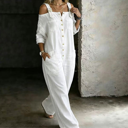 🔥✨ Cold-shoulder jumpsuit med vida ben & fickor – luftig komfort och stilren elegans för sommaren ☀️