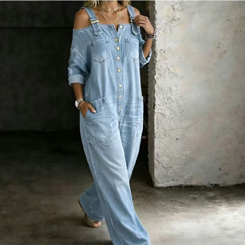 🔥✨ Cold-shoulder jumpsuit med vida ben & fickor – luftig komfort och stilren elegans för sommaren ☀️