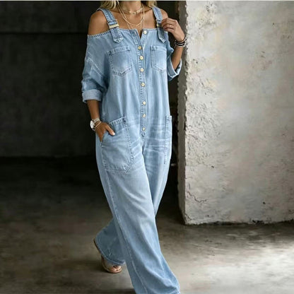 🔥✨ Cold-shoulder jumpsuit med vida ben & fickor – luftig komfort och stilren elegans för sommaren ☀️