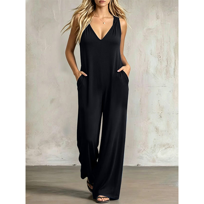🌿 Bekväm sommarjumpsuit med V-hals, huva och vida ben