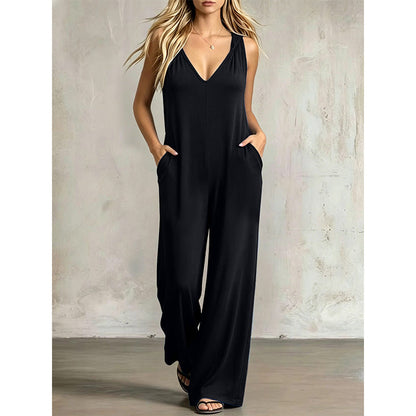 🌿 Bekväm sommarjumpsuit med V-hals, huva och vida ben