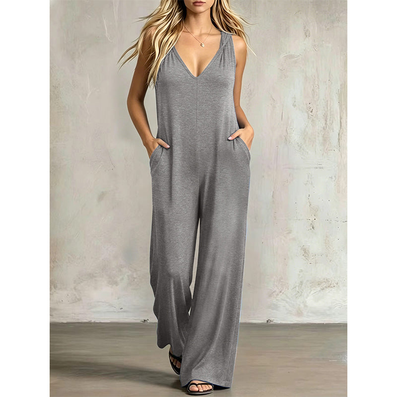 🌿 Bekväm sommarjumpsuit med V-hals, huva och vida ben
