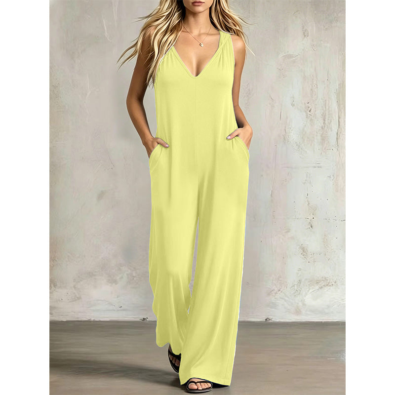 🌿 Bekväm sommarjumpsuit med V-hals, huva och vida ben