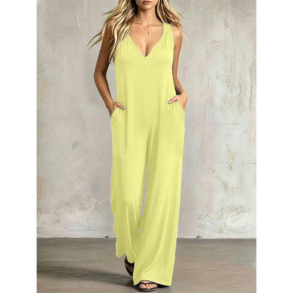 🌿 Bekväm sommarjumpsuit med V-hals, huva och vida ben