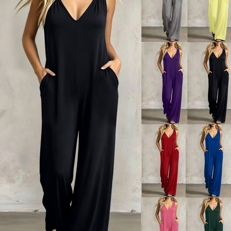 🌿 Bekväm sommarjumpsuit med V-hals, huva och vida ben