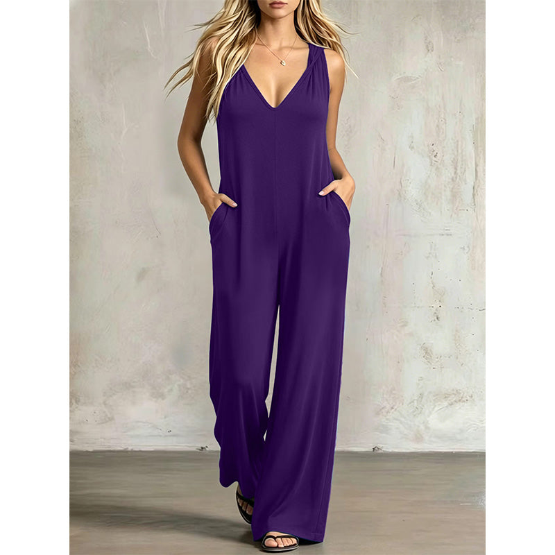 🌿 Bekväm sommarjumpsuit med V-hals, huva och vida ben