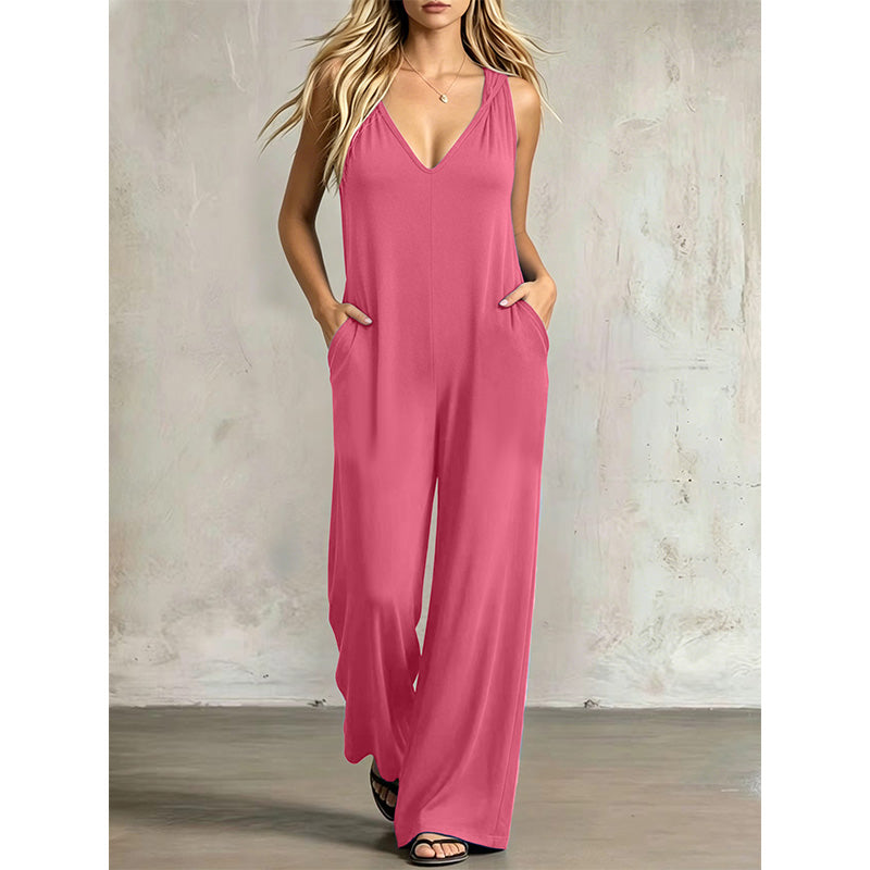 🌿 Bekväm sommarjumpsuit med V-hals, huva och vida ben