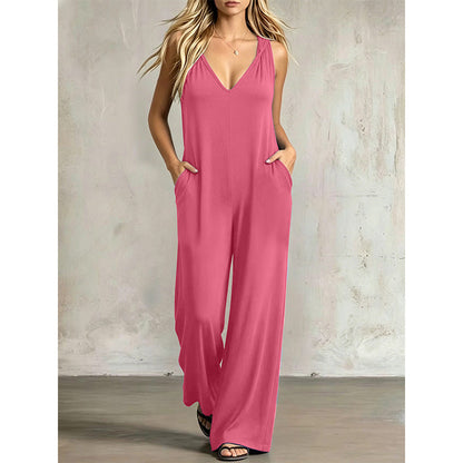 🌿 Bekväm sommarjumpsuit med V-hals, huva och vida ben