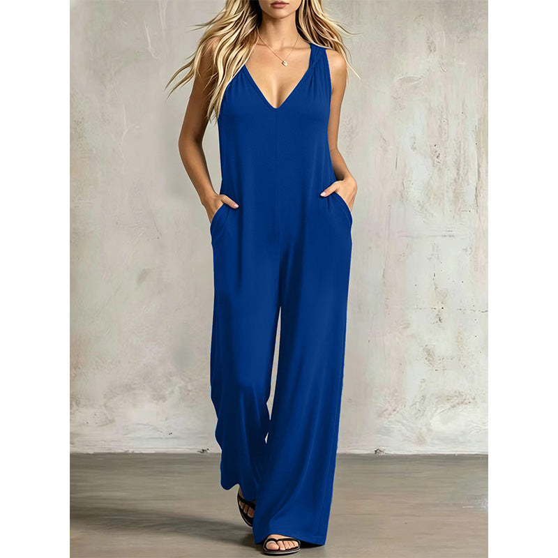 🌿 Bekväm sommarjumpsuit med V-hals, huva och vida ben