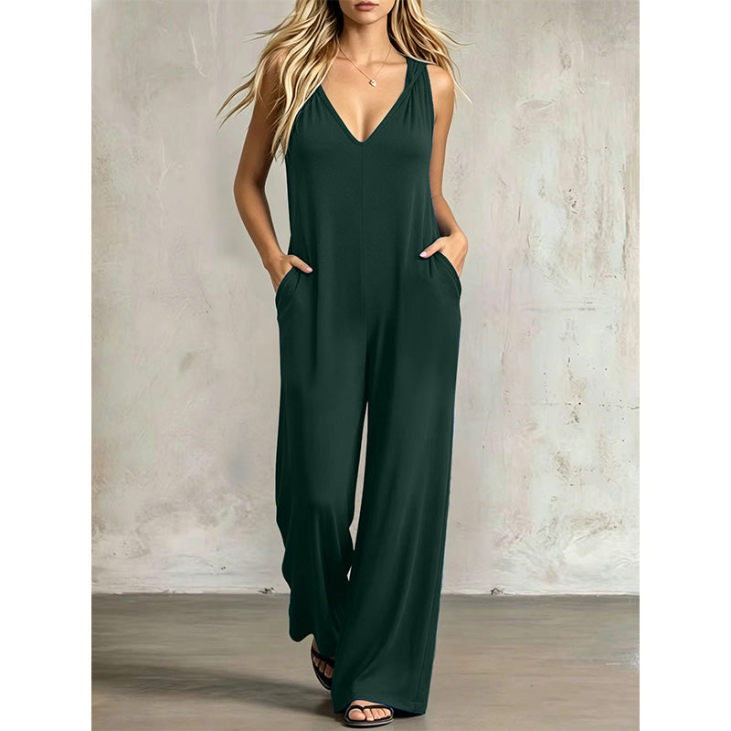 🌿 Bekväm sommarjumpsuit med V-hals, huva och vida ben