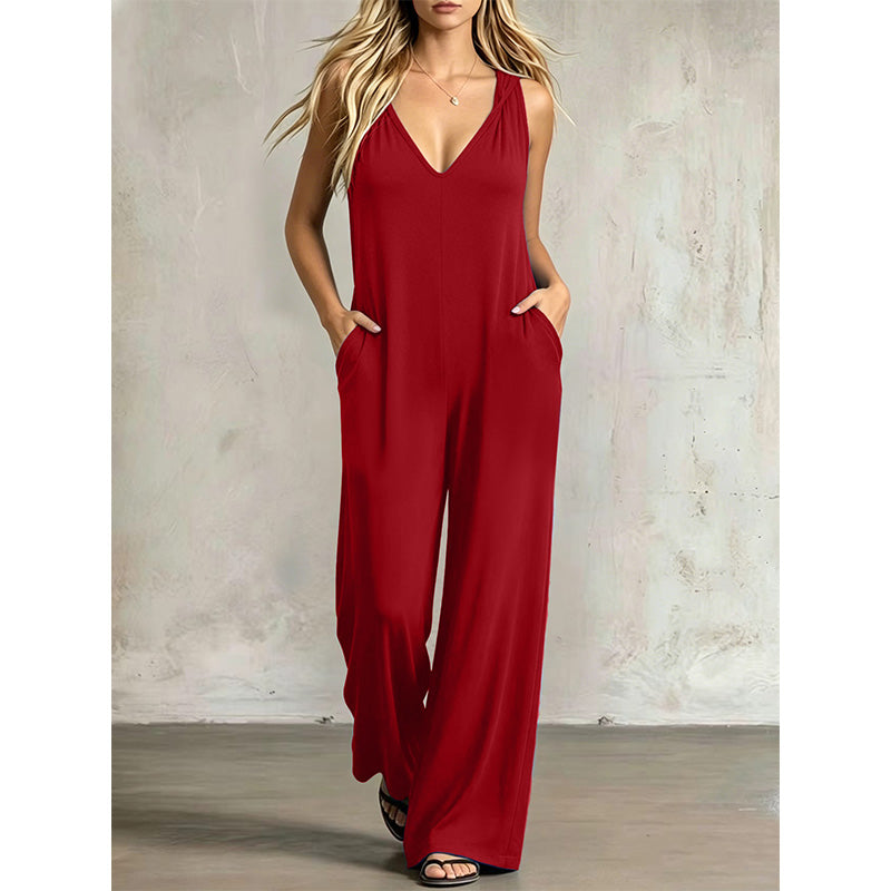 🌿 Bekväm sommarjumpsuit med V-hals, huva och vida ben